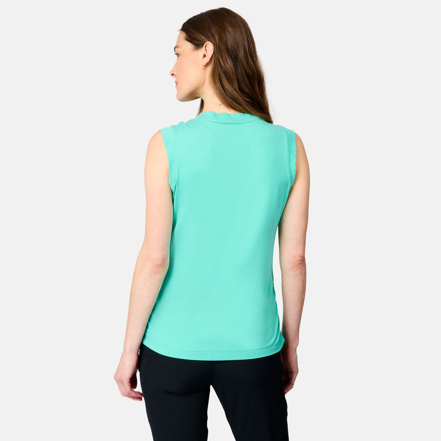 [Kaitlyn is 5'9" wearing size S] Woman wearing a turquoise sleeveless top on a white background