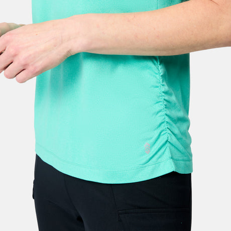 [Kaitlyn is 5'9" wearing size S] Person wearing a turquoise shirt and black pants on a white background