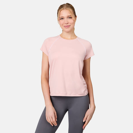 [Emily is 5'10" wearing size S] Woman wearing a pink t-shirt and gray leggings on a white background