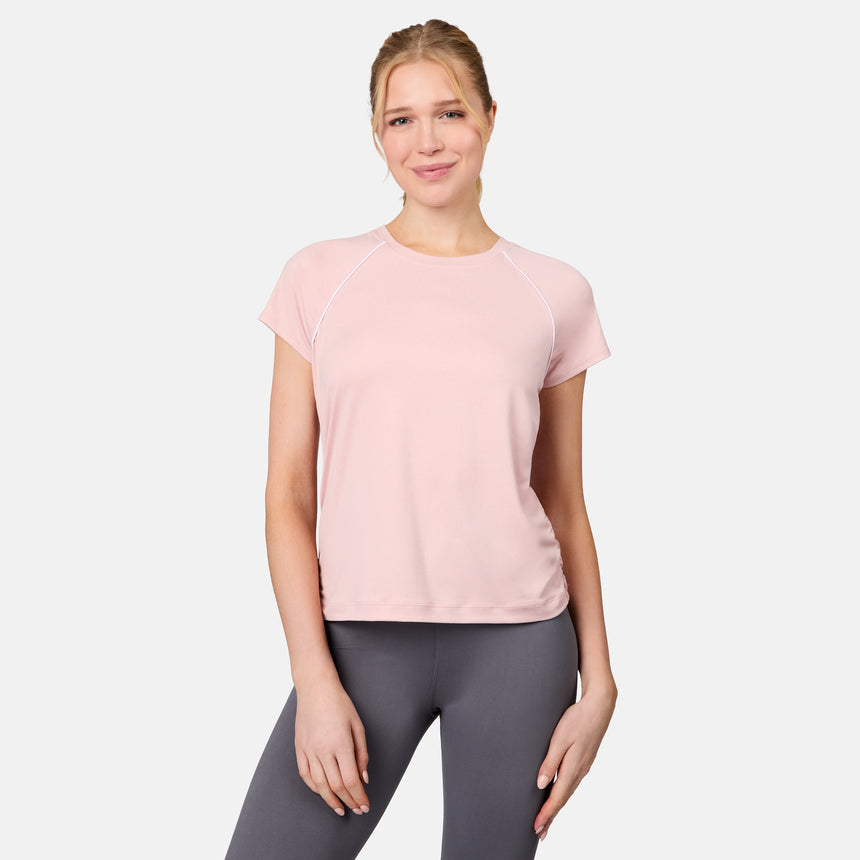 [Emily is 5'10" wearing size S] Woman wearing a pink t-shirt and gray leggings on a white background