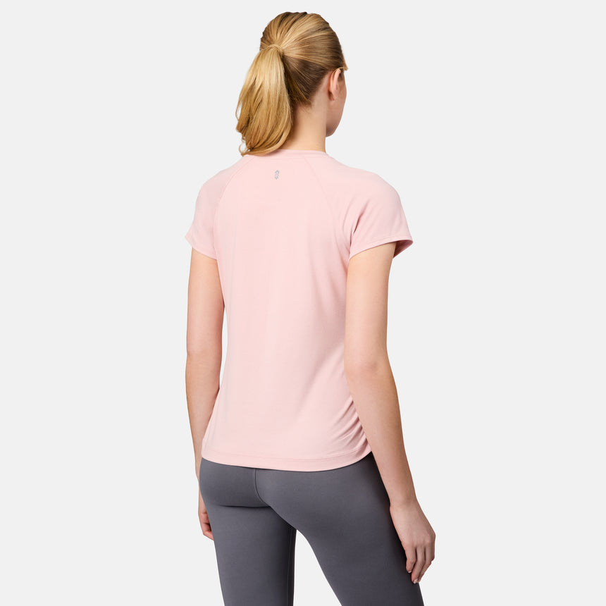 [Emily is 5'10" wearing size S] Woman wearing a pink athletic shirt and gray leggings on a white background