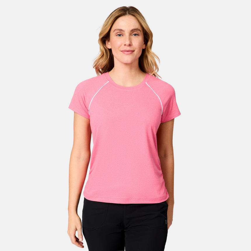 [Brooke is 5'9" wearing size S] Woman wearing a pink athletic shirt on a white background