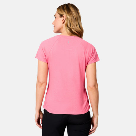 [Brooke is 5'9" wearing size S] Woman wearing a pink t-shirt on a white background