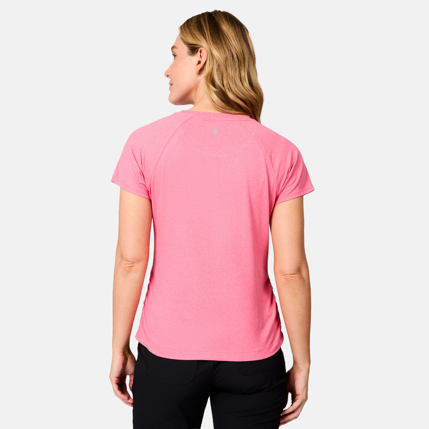 [Brooke is 5'9" wearing size S] Woman wearing a pink t-shirt on a white background