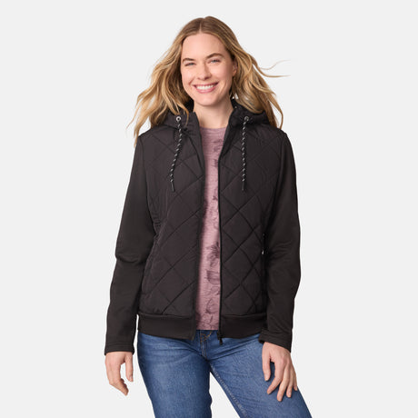 [CJ is 5'10" wearing size S.] Women’s black quilted hooded jacket with zip-front closure, side pockets, and adjustable drawstrings—paired with blue jeans for a casual, cold-weather look.