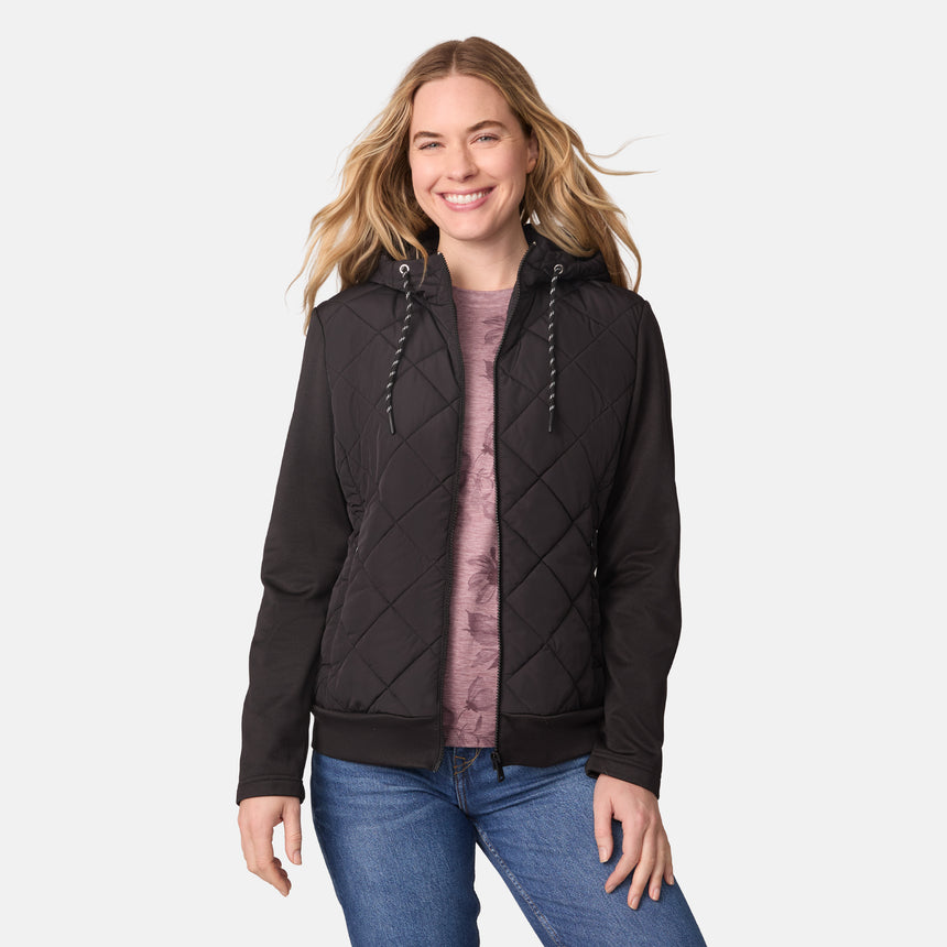 [CJ is 5'10" wearing size S.] Women’s black quilted hooded jacket with zip-front closure, side pockets, and adjustable drawstrings—paired with blue jeans for a casual, cold-weather look.