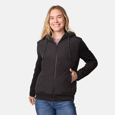 [CJ is 5'10" wearing size S.] Women’s black quilted hooded jacket with zip-front closure, side pockets, and adjustable drawstrings—paired with blue jeans for a casual, cold-weather look.