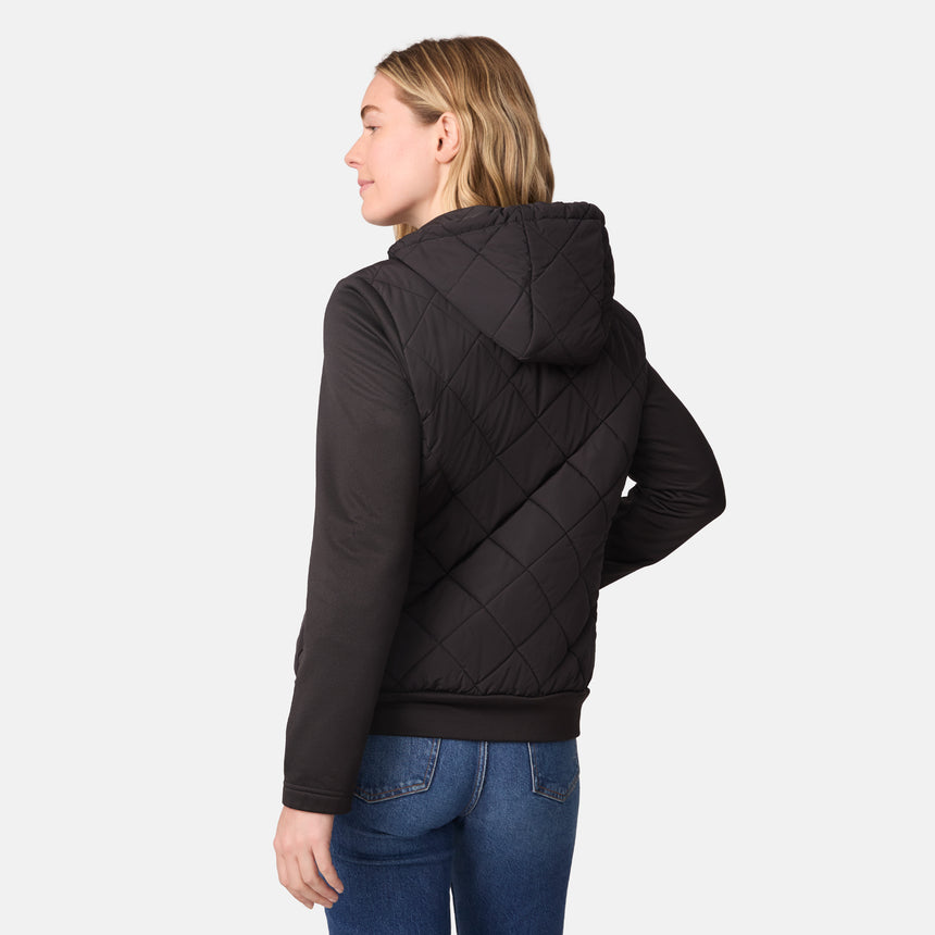 [CJ is 5'10" wearing size S.] Women’s black quilted hooded jacket with zip-front closure, side pockets, and adjustable drawstrings—paired with blue jeans for a casual, cold-weather look.