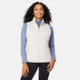 [Angelique is 5'10" wearing size S.] Woman wearing a beige puffer vest over a blue long-sleeve shirt on a white background