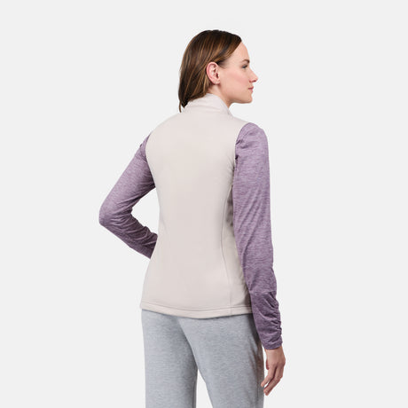 [Emily is 5'9" wearing size S] Woman wearing a two-tone jacket with a white and purple design on a light gray background