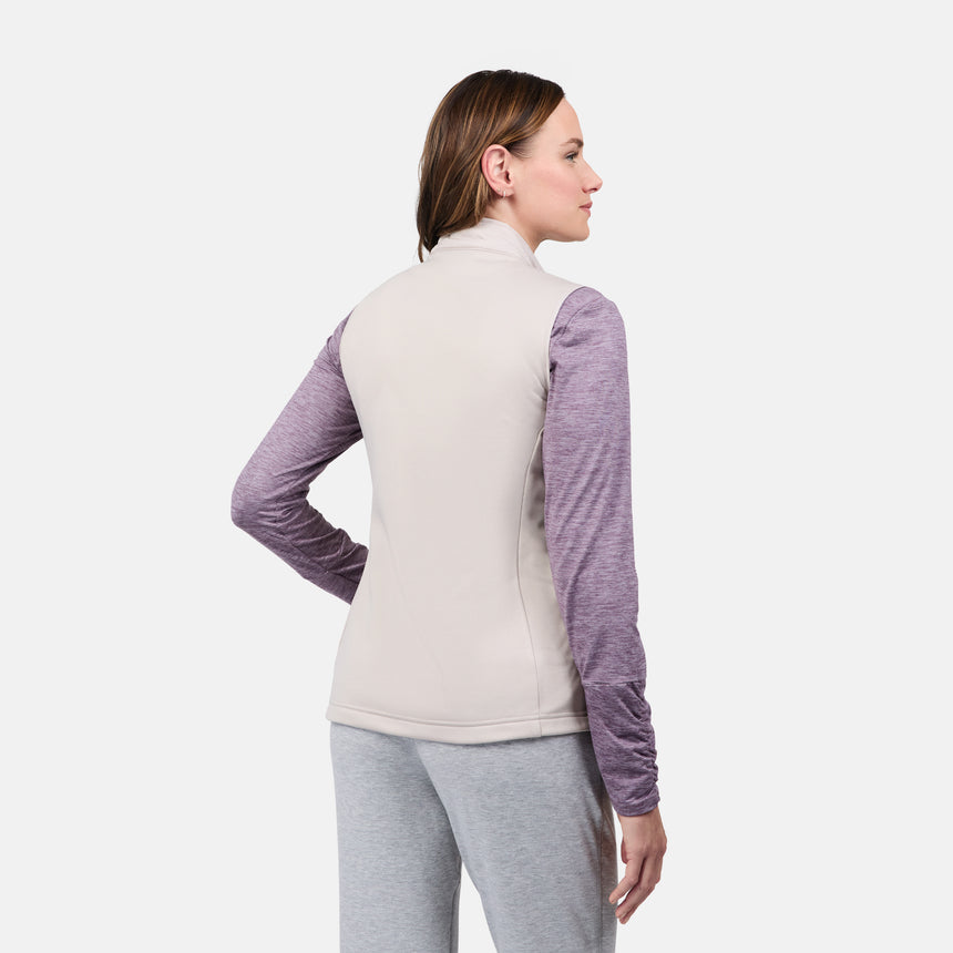 [Emily is 5'9" wearing size S] Woman wearing a two-tone jacket with a white and purple design on a light gray background