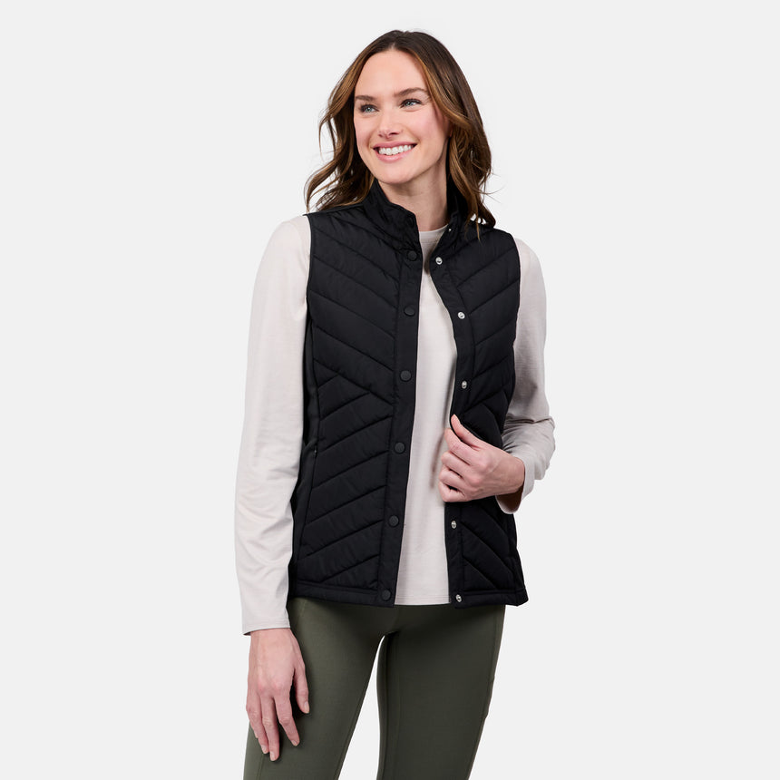 [Emily is 5'9" wearing size S] Woman wearing a black quilted vest on a white background
