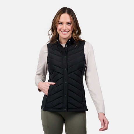 [Emily is 5'9" wearing size S] Woman wearing a black quilted vest on a white background