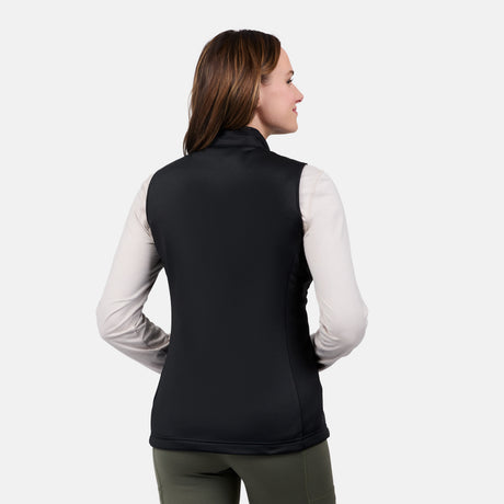 [Emily is 5'9" wearing size S] Woman wearing a black vest over a white shirt on a light gray background