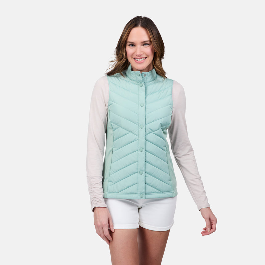 [Emily is 5'9" wearing size S] Woman wearing a light green puffer vest on a white background