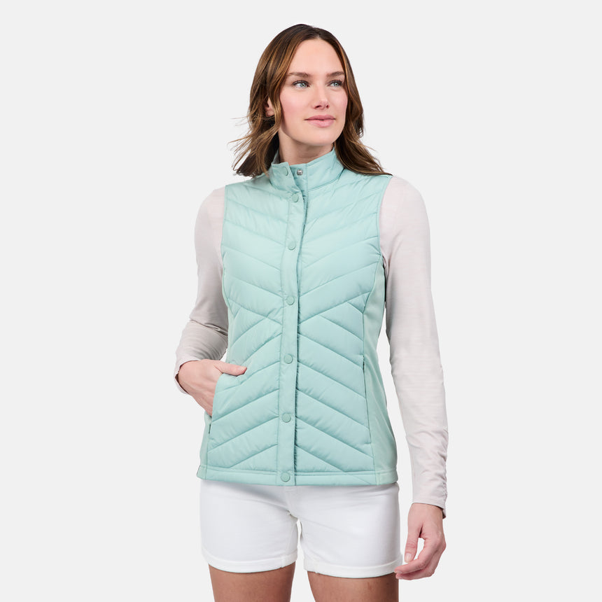 [Emily is 5'9" wearing size S] Woman wearing a light green quilted vest on a white background