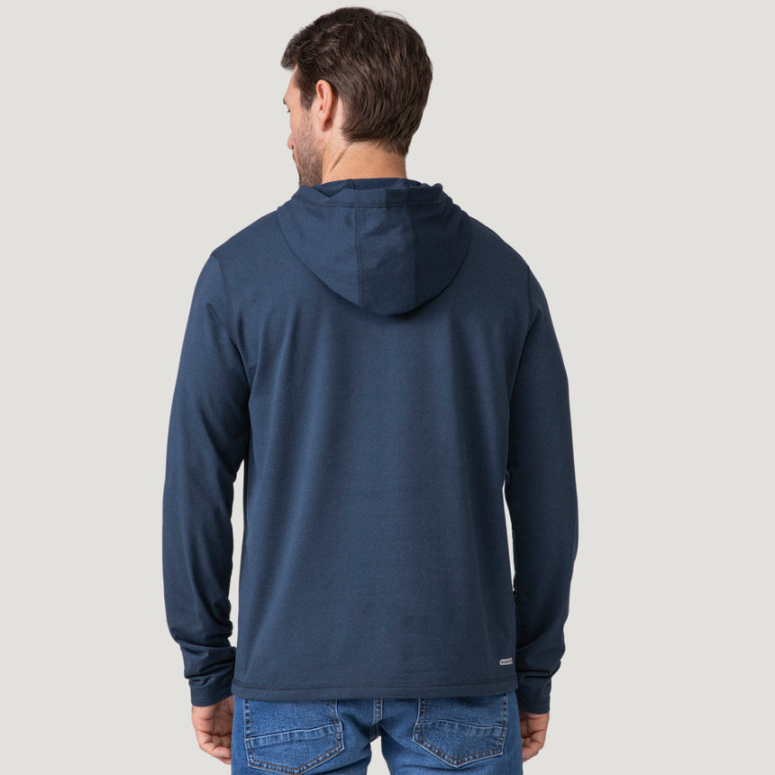 [Vince is 6'1" wearing a size Medium.] Men's Sueded Spacedye Hoodie - Sapphire- M #color_sapphire