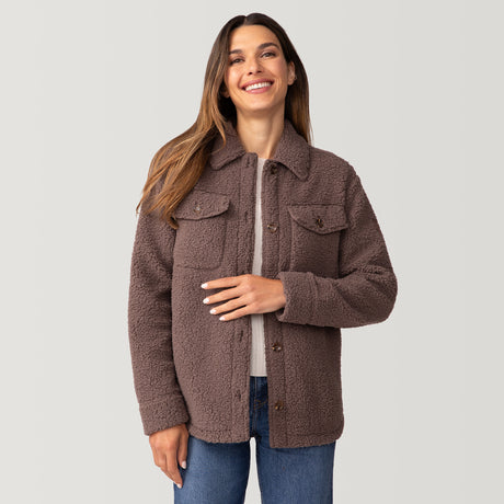 [Olga is 5'9" wearing a size Small.] Women's Sherpa Shacket - S - Driftwood #color_driftwood