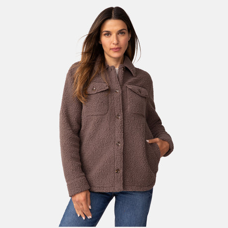 [Olga is 5'9" wearing a size Small.] Women's Sherpa Shacket - S - Driftwood #color_driftwood