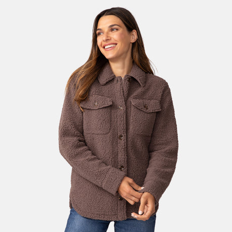 [Olga is 5'9" wearing a size Small.] Women's Sherpa Shacket - S - Driftwood #color_driftwood