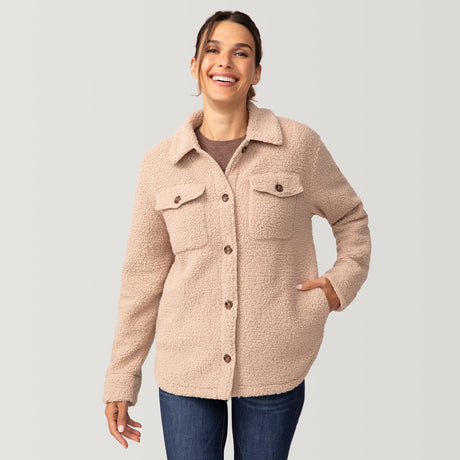 [Olga is 5’9" wearing a size Small.] Women's Sherpa Shacket - S - Wheat #color_wheat