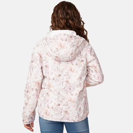 A girl with long, wavy brown hair is seen from the back wearing a Clearance Girls' Windshear Jacket with a light floral print, made from recycled polyester, and blue jeans against a plain white background.