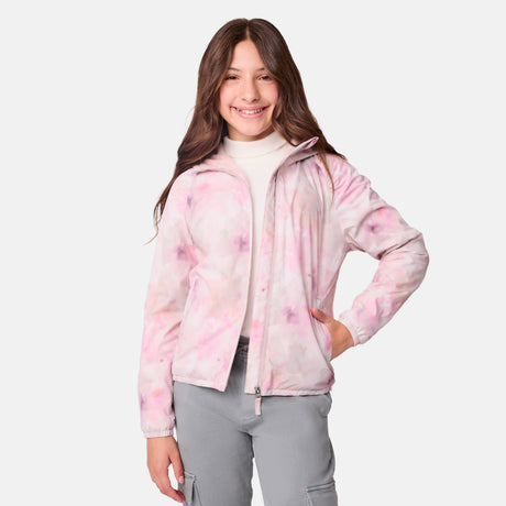 [Samantha is wearing size M.] Girls' pink and white tie-dye zip-up hoodie with hood and front zipper, styled with light grey cargo pants for a casual streetwear look
