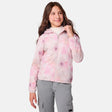 [Samantha is wearing size M.] Girls' pink and white tie-dye zip-up hoodie with hood and front zipper, styled with light grey cargo pants for a casual streetwear look