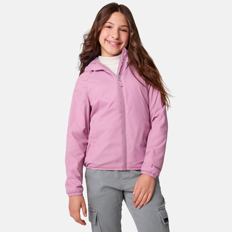 [Samantha is wearing size M.] Girls' light pink zip-up hooded jacket with elastic cuffs — styled with light gray cargo pants for a casual utilitarian look