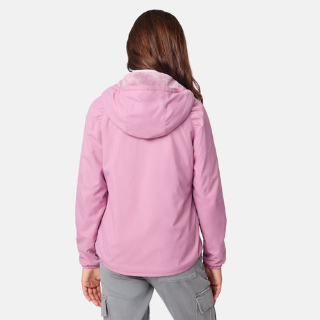 A person with long brown hair, seen from behind, wears a light pink Clearance Girls' Windshear Jacket and gray cargo pants against a plain white background.