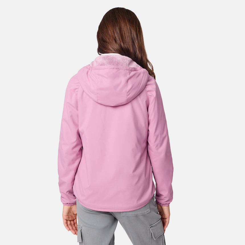 [Samantha is wearing size M.] Girls' light pink zip-up hooded jacket with elastic cuffs — styled with light gray cargo pants for a casual utilitarian look