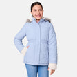 [Samantha is wearing size M] Model wearing a light blue Free Country winter jacket with faux fur-trimmed hood, quilted body, and white fleece-lined cuffs; styled with blue jeans for a casual, cold-weather look.