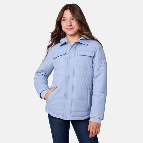 [Samantha is wearing size M.] Women's Free Country light blue quilted jacket with button-up front, flap chest pockets, and side pockets—styled with dark blue jeans for a practical, cold-weather outfit.