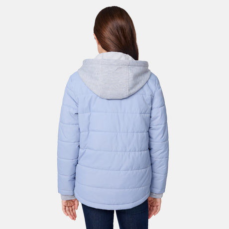 [Samantha is wearing size M.] Women's Free Country light blue quilted jacket with button-up front, flap chest pockets, and side pockets—styled with dark blue jeans for a practical, cold-weather outfit.