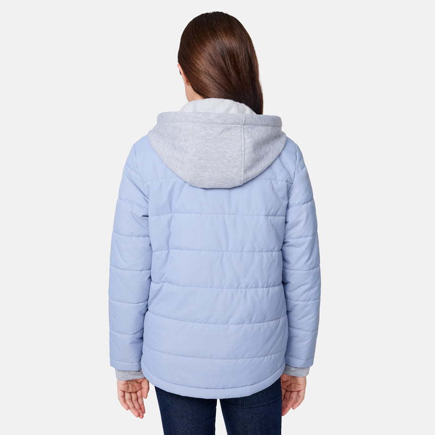 [Samantha is wearing size M.] Women's Free Country light blue quilted jacket with button-up front, flap chest pockets, and side pockets—styled with dark blue jeans for a practical, cold-weather outfit.