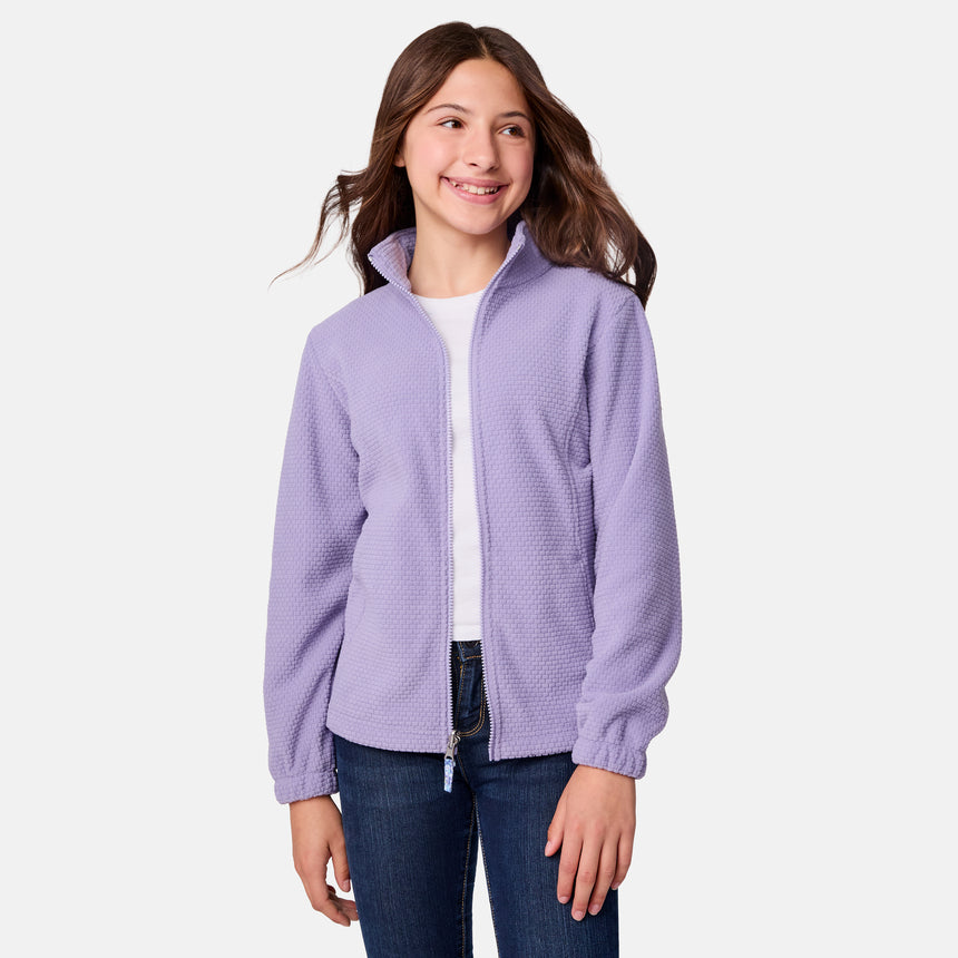 [Samantha is wearing size M.] Women's Free Country softshell jacket with floral upper print and solid lavender lower panels, featuring a zip-front closure and soft purple inner lining—designed for lightweight warmth and outdoor versatility.