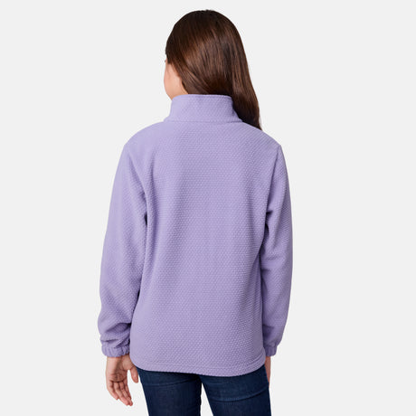 [Samantha is wearing size M.] Women's Free Country softshell jacket with floral upper print and solid lavender lower panels, featuring a zip-front closure and soft purple inner lining—designed for lightweight warmth and outdoor versatility.