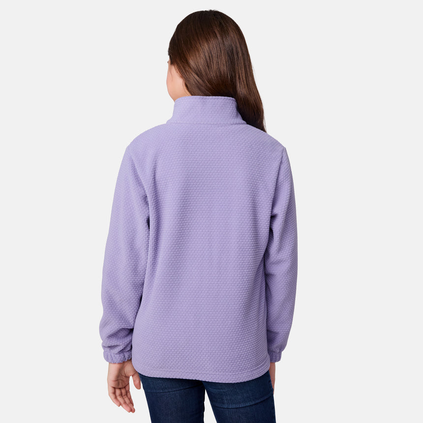 [Samantha is wearing size M.] Women's Free Country softshell jacket with floral upper print and solid lavender lower panels, featuring a zip-front closure and soft purple inner lining—designed for lightweight warmth and outdoor versatility.