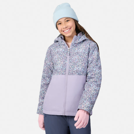 Girl wearing a lavender 3-in-1 Systems jacket with a colorblock panel and pink gloves