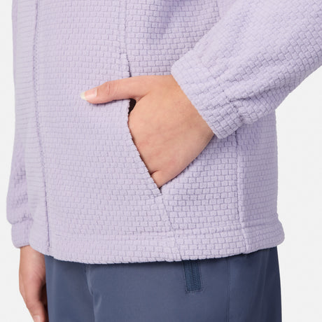 Close up of lavender quilted jacket fabric with zipper and cuff detail