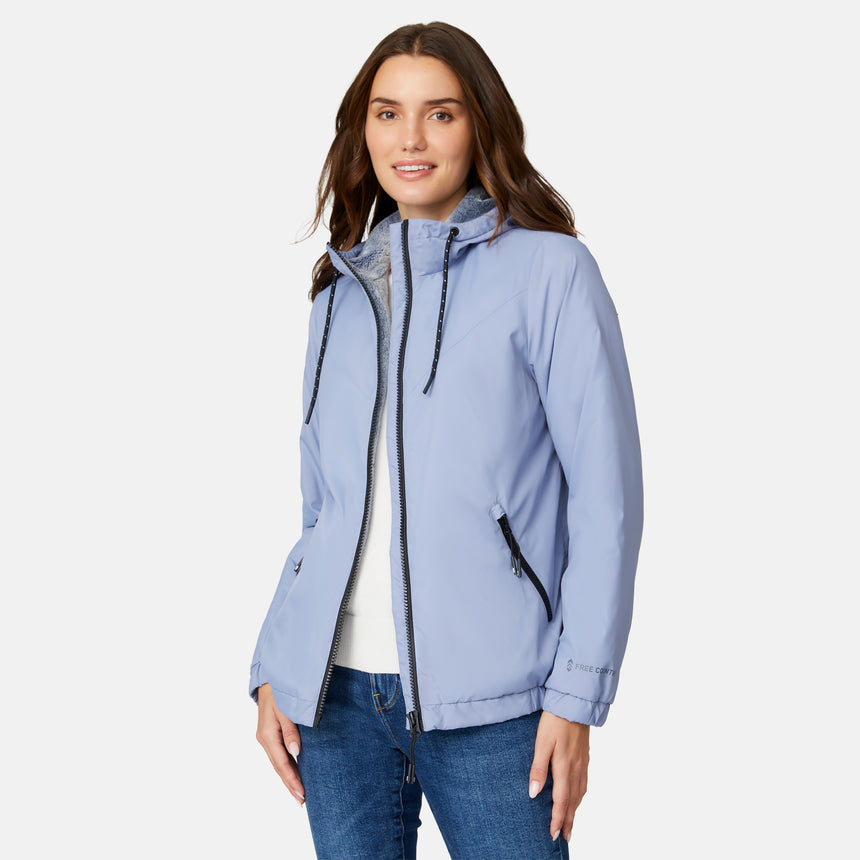 [Jessica is 5'9.5" wearing size S.] Women’s Free Country light blue hooded jacket with full-zip closure, zippered side pockets, and drawstring hood—sherpa lined for added warmth and comfort. Paired with blue jeans for a cozy, cold-weather look.