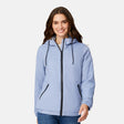 [Jessica is 5'9.5" wearing size S.] Women’s Free Country light blue hooded jacket with full-zip closure, zippered side pockets, and drawstring hood—sherpa lined for added warmth and comfort. Paired with blue jeans for a cozy, cold-weather look.