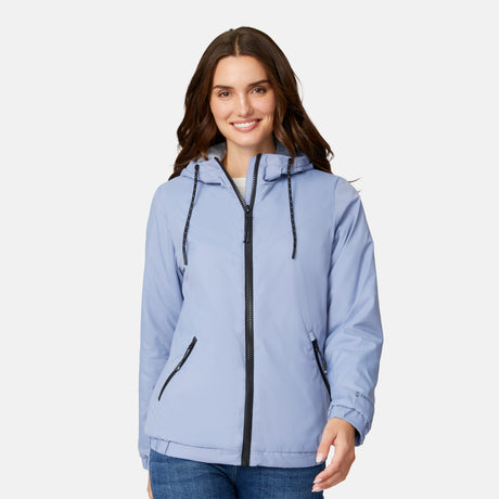 [Jessica is 5'9.5" wearing size S.] Women’s Free Country light blue hooded jacket with full-zip closure, zippered side pockets, and drawstring hood—sherpa lined for added warmth and comfort. Paired with blue jeans for a cozy, cold-weather look.