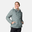 [CJ is 5'10" wearing size S.] Women’s Free Country light green quilted hooded jacket with full-zip closure, drawstring hood, and dual hand pockets—reversible to cozy sherpa for added warmth and comfort. Paired with jeans and a casual top for a laid-back, cold-weather look.