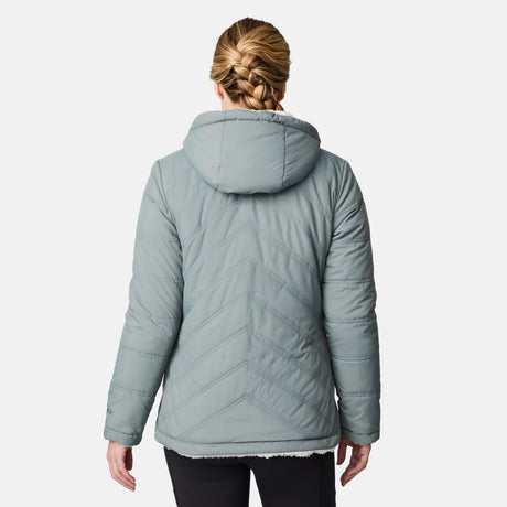 [CJ is 5'10" wearing size S.] Women’s Free Country light green quilted hooded jacket with full-zip closure, drawstring hood, and dual hand pockets—reversible to cozy sherpa for added warmth and comfort. Paired with jeans and a casual top for a laid-back, cold-weather look.
