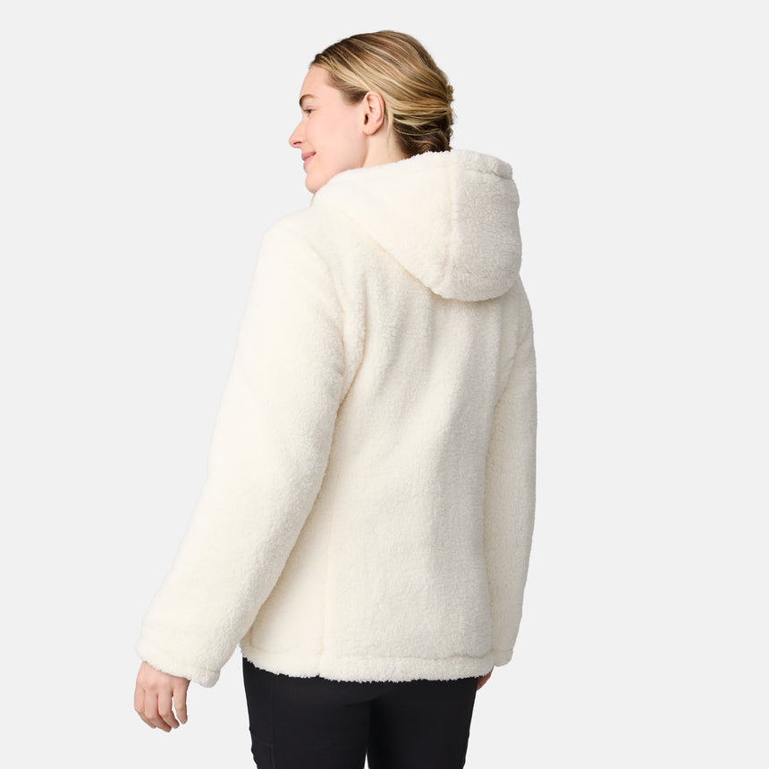 [CJ is 5'10" wearing size S.] Women’s Free Country light green quilted hooded jacket with full-zip closure, drawstring hood, and dual hand pockets—reversible to cozy sherpa for added warmth and comfort. Paired with jeans and a casual top for a laid-back, cold-weather look.