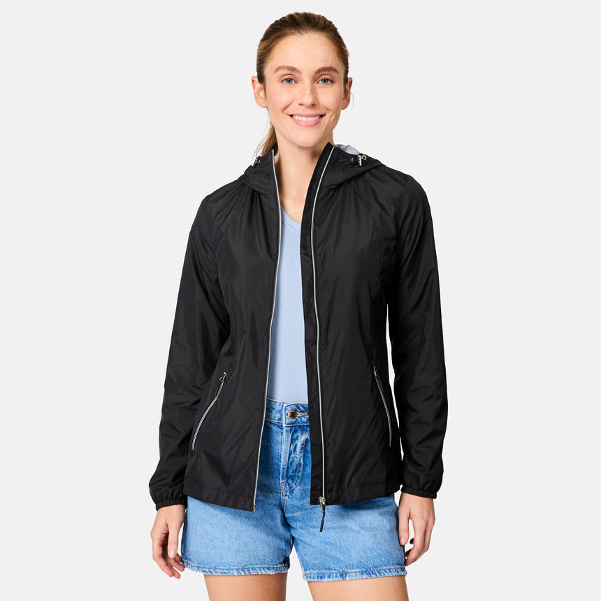 [Brooke is 5'9" wearing size S] Woman wearing a black jacket over a light blue shirt and denim shorts on a white background