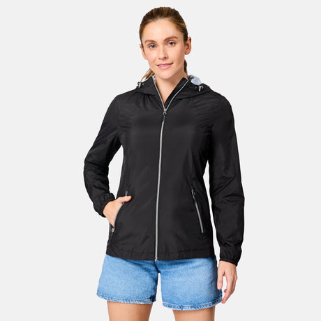 [Brooke is 5'9" wearing size S] Woman wearing a black jacket with a hood on a white background