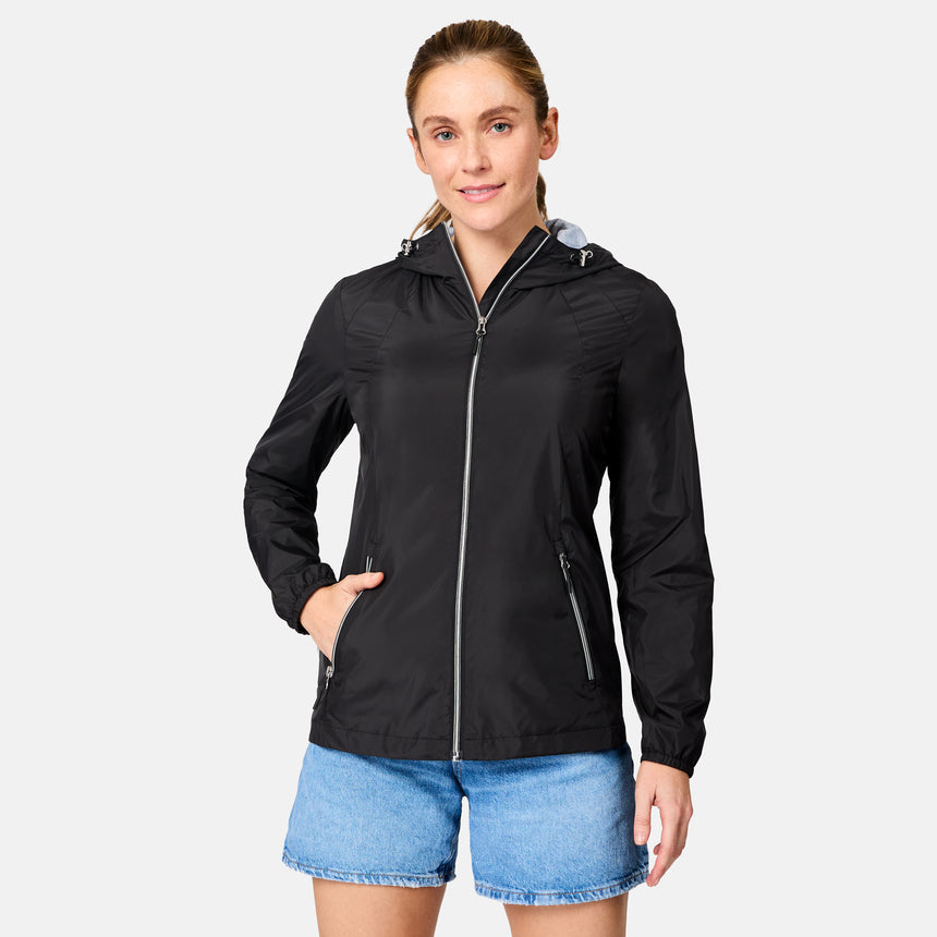 [Brooke is 5'9" wearing size S] Woman wearing a black jacket with a hood on a white background