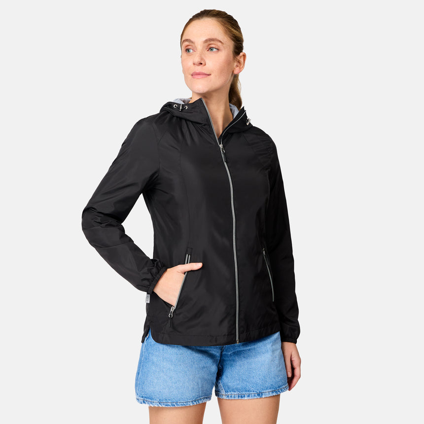 [Brooke is 5'9" wearing size S] Woman wearing a black jacket and denim shorts on a white background